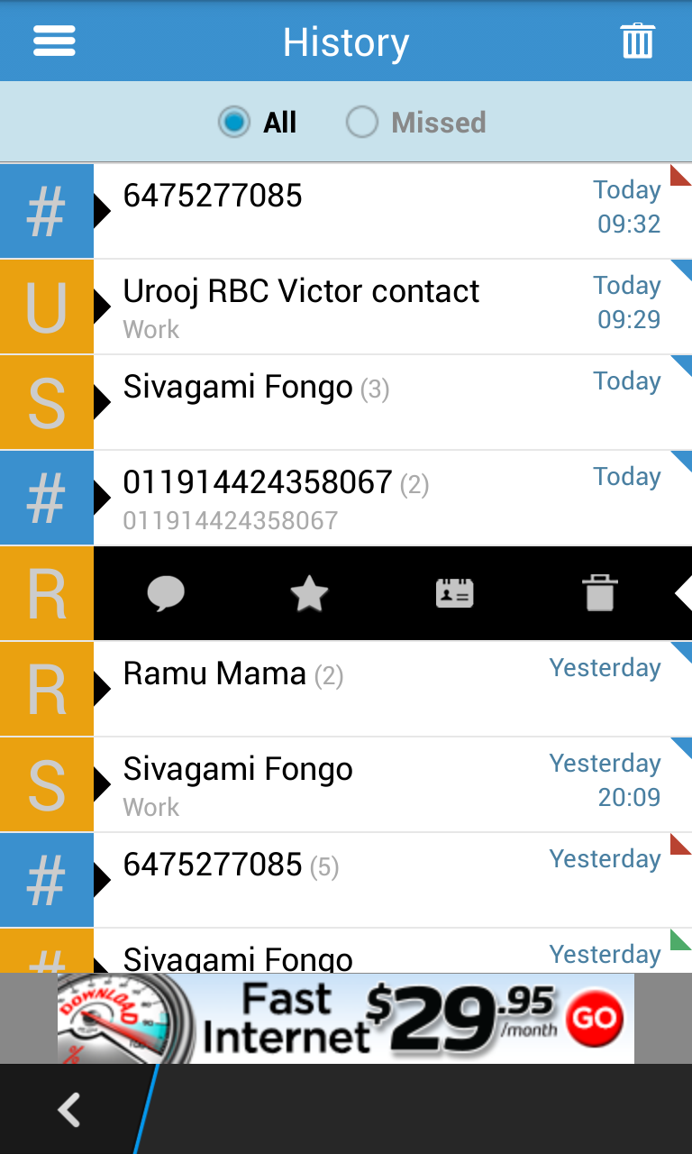 Screen shot of Fongo call history