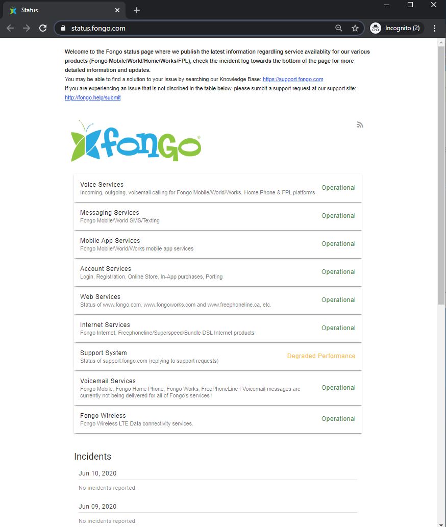 Screenshot of the status page, https://status.fongo.com/ as of 2020-06-10 10:49 AM EDT